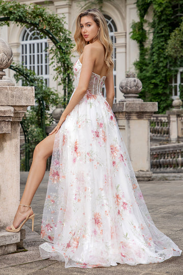 Elfenbensblomst A Line Sweetheart Broderet Korset Lang gallakjole med slids